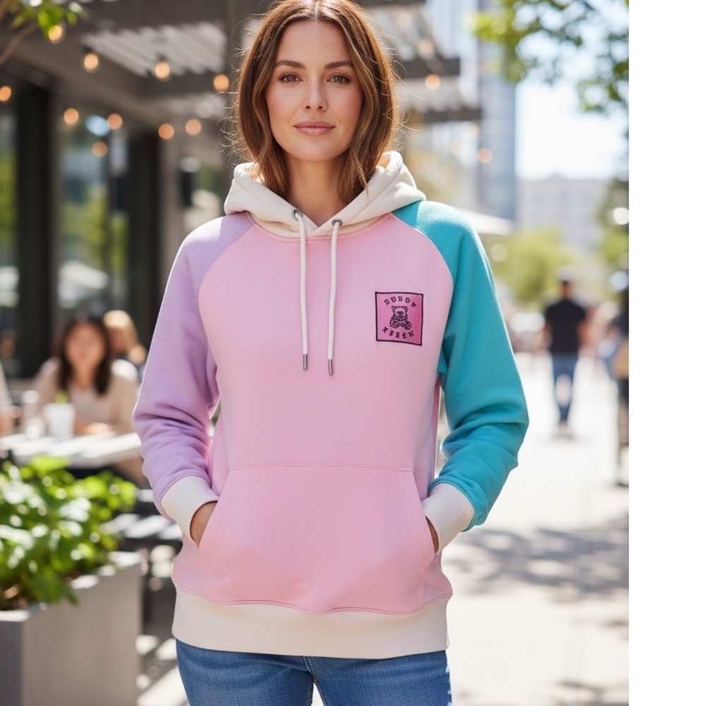 Teddy Fresh Colorblock Hoodie Pastel Pink Purple Teal Cotton Sweatshirt Small